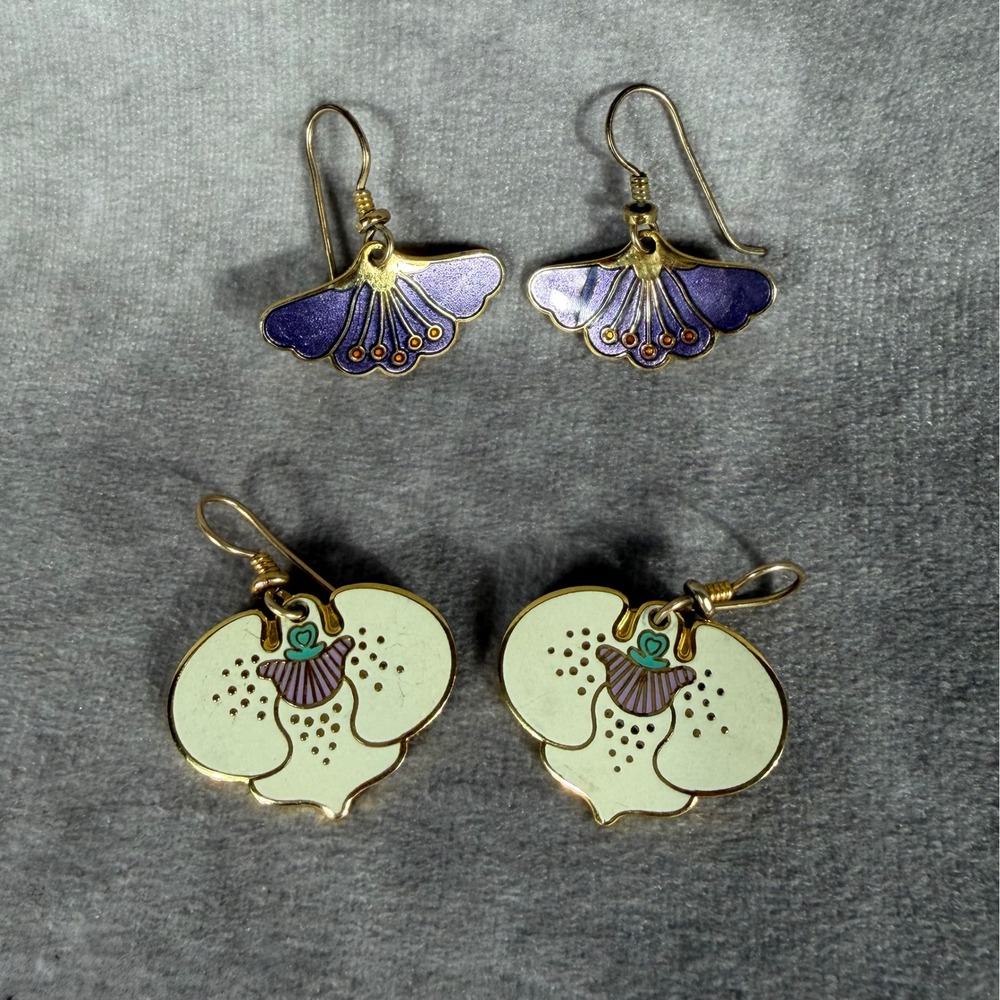Vtg Laurel Burch Cloisonné Drop Earring Set Purple Fan & Cream Orchid Gold Tone